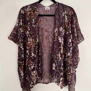 Vintage Floral Kimono in Plum with Green and Cream Accents